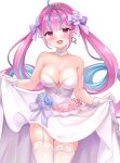  1girl ahoge aqua_hair armpit_crease bare_shoulders blue_flower blue_rose blush bow breasts choker cleavage collarbone colored_inner_hair commentary_request curly_hair dress earrings flower garter_straps gloves hair_bow heart heart_earrings hololive jewelry large_breasts long_hair looking_at_viewer minato_aqua minato_aqua_(aqua_iro_super_dream) multicolored_hair nikoo open_mouth pendant_choker pink_eyes pink_flower pink_hair pink_rose purple_bow purple_flower purple_ribbon purple_rose ribbon rose simple_background smile solo strapless strapless_dress streaked_hair thighhighs thighs tiara twintails two-tone_hair virtual_youtuber wedding_dress white_background white_choker white_dress white_garter_straps white_gloves white_thighhighs 