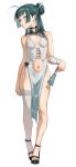 1girl absurdres ahoge bandaged_arm bandages bare_shoulders black_choker blue_eyes blush breasts chinese_clothes chinese_hairpin choker commentary earrings english_commentary folded_fan folding_fan freckles full_body garter_straps green_hair hair_bun hair_ornament hair_stick hand_fan highres holding holding_fan jewelry kusuriya_no_hitorigoto lace-trimmed_thighhighs lace_trim long_hair looking_at_viewer maomao_(kusuriya_no_hitorigoto) navel open_mouth pelvic_curtain pendant_choker shoes simple_background single_garter_strap single_hair_bun single_thighhigh small_breasts standing thighhighs waligner white_background white_garter_straps white_thighhighs 