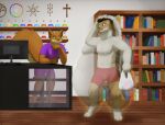 2026 anthro belly big_belly brown_body brown_fur cel_shading detailed_background duo female fur hi_res huge_belly library male mammal merai moobs obese obese_anthro overweight overweight_anthro porcupine potion potion_bottle rodent sciurid shaded signature slim thick_thighs tree_squirrel white-dragon