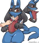2026 3_fingers anthro artist_name black_body black_eyebrows black_fur black_inner_ear black_nose blue_body blue_fur blue_tail blush blush_lines cheek_tuft chest_spike clothing disembodied_hand duo eyebrows facial_tuft fingers fur generation_4_pokemon grey_text hand_spike hi_res human ill-fitting_clothing jacket looking_away looking_down lucario male mammal meekax_x neck_tuft nintendo paws pokemon pokemon_(species) red_clothing red_jacket red_topwear side_view simple_background spikes spikes_(anatomy) standing tail text thick_thighs topwear tuft white_background wide_hips zipper