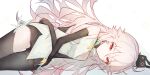  1girl absurdres asymmetrical_legwear bare_shoulders black_gloves black_pantyhose black_thighhighs closed_mouth commentary cowboy_shot crossed_arms doll dot_mouth eirudy elbow_gloves failur_(witch_springs) gloves half-closed_eyes hato_(hatotoou) highres jewelry long_hair looking_at_viewer lying mismatched_legwear on_side pantyhose pendant solo star_(symbol) thighhighs turtleneck very_long_hair white_background white_hair witch_springs 