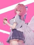  1girl alternate_costume artist_name ass ass_peek bow check_commentary closed_mouth commentary_request cowboy_shot cup disposable_cup from_behind hair_bow hair_ornament highres holding holding_cup long_hair looking_at_viewer looking_back low_wings paid_reward_available panties pink_background pink_eyes pink_hair purple_bow purple_sailor_collar purple_skirt remielle_dan sailor_collar school_uniform serafuku shirt skirt smile solo thighs underwear white_background white_panties white_shirt wings yunkaiming zenless_zone_zero 