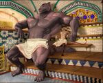 5:4 ahundred anthro biceps duo floor fluffy fluffy_tail gulonine hi_res hooves hybrid latissimus_dorsi lounging macro male mammal muscular muscular_male mustelid musteline navel obliques pecs purple_eyes sauna sitting size_difference spade_tail tail tile tile_floor tile_wall towel towel_around_waist trapezius wall_(structure) wolverine