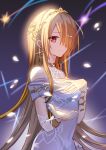  1girl absurdres bare_shoulders blonde_hair closed_mouth commentary crescent crescent_earrings crescent_necklace dress earrings floating_hair gold_bangle gold_tiara hair_over_one_eye hand_on_own_chest heaven_burns_red highres jewelry kayamori_ruka kayamori_ruka_(luminous_songstress) kr_woyue long_hair looking_at_viewer necklace one_eye_covered red_eyes untranslatable_commentary white_dress 