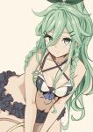  1girl bikini black_bikini blue_neckerchief breasts chakoru cleavage cowboy_shot frilled_bikini frills green_eyes green_hair grey_background hair_between_eyes highres kantai_collection leaning_forward medium_breasts neckerchief ponytail simple_background solo swimsuit twintails yamakaze_(kancolle) yamakaze_(swimsuit)_(kancolle) 