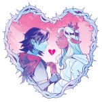  1girl 1other absurdres animal_ears antlers armor black_eyes black_hair blonde_hair blue_skin broken_heart cape colored_skin commentary crown_prinxe deer_antlers deer_ears deer_girl deltarune english_commentary furry furry_female gauntlets heart highres holding_another's_wrist horns jewelry kris_(dark_world)_(deltarune) kris_(deltarune) long_hair noelle_holiday noelle_holiday_(dark_world) red_cape red_eyes ring short_hair thorns utdr_(toby_fox) weird_route_(deltarune) 