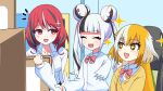  +_+ 3girls artist_request black_hair blonde_hair bow bowtie brown_eyes cardigan chair closed_eyes commentary_request detached_arm double_bun fang hair_bun hair_ornament hairclip highres holding indoors kitsunebi_youko long_hair multicolored_hair multiple_girls notice_lines official_art on_chair open_mouth red_bow red_bowtie red_eyes red_hair school_uniform severed_arm severed_limb sharp_teeth shirt sparkle teeth twintails virtual_youtuber white_hair white_shirt yamiyo_mea yellow_cardigan yomi_haruka zonchuu_zombie_jk_wa_game_haishinchuu 