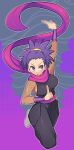  1girl absurdres arm_up blush breasts commentary english_commentary fishnet_top fishnets highres janine_(pokemon) japanese_clothes large_breasts looking_at_viewer missandydandy ninja open_mouth pokemon pokemon_heartgold_and_soulsilver purple_eyes purple_hair purple_scarf scarf 