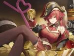  1girl apple bare_shoulders black_hat black_jacket black_thighhighs breasts commentary_request covered_navel cropped_jacket crossed_legs drinking_straw food fruit hat heterochromia highres holding holding_skull hololive houshou_marine houshou_marine_(1st_costume) jack_daniel's jacket jacket_partially_removed large_breasts long_hair looking_at_viewer pirate_hat red_eyes red_jacket red_skirt skirt skull sleeveless sleeveless_jacket smile solo thighhighs twintails virtual_youtuber yecheng_anhunqu_(bilibili_1454316466) 