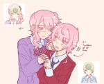  !? 2others :3 aged_down akiyama_mizuki akiyama_mizuki_(middle_school) androgynous arrow_(symbol) blazer blue_necktie bow bowtie cardigan closed_mouth collared_shirt colored_eyelashes commentary diagonal-striped_bow diagonal-striped_bowtie diagonal-striped_clothes dual_persona english_commentary english_text heart high_side_ponytail highres holding_hands jacket kamiyama_high_school_uniform_(project_sekai) long_sidelocks looking_at_another multiple_others necktie open_mouth other_focus other_with_other pink_hair ponytail project_sekai purple_cardigan red_bow red_bowtie reference_inset school_uniform selfcest shirt short_hair side_ponytail sidelocks simple_background smile sp7yuuki striped_bow striped_bowtie striped_clothes sweatdrop time_paradox white_shirt yellow_bow 