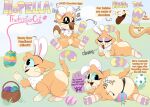 accessory anthro basket big_eyes candy chibi chocolate chocolate_egg cleaning container crawling dessert diagram easter easter_egg eating egg english_text fantasy felid feline female feral fluffy food full-length_portrait fur grass grass_field happy headband hi_res holidays hopella_(sweet2delow) licking lying mammal model_sheet multiple_angles notes open_mouth outside painted_tail pawpads plant playful portrait pose sitting solo spring sweet2delow tail text tongue whiskers