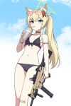 1girl absurdres animal_ear_fluff animal_ears bandaid bandaid_on_knee bandaid_on_leg bikini black_bikini black_choker blonde_hair blue_archive blue_sky breasts choker cloud commentary cup day disposable_cup drinking drinking_straw drinking_straw_in_mouth eyewear_on_head feet_out_of_frame flower fox_ears frilled_bikini frills green_eyes green_halo groin gun h&amp;k_ump hair_flower hair_ornament halo highres holding holding_cup holding_gun holding_weapon kurumi_(blue_archive) kurumi_(c108_swimsuit)_(blue_archive) long_hair nanju_bami navel o-ring o-ring_bottom orange-tinted_eyewear outdoors red_flower side_ponytail sky small_breasts solo submachine_gun sunglasses swimsuit tinted_eyewear triangle_halo trigger_discipline weapon 