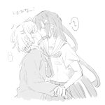  2girls blush commentary greyscale hair_ornament hairclip highres holding_another's_wrist kiss long_hair monochrome multiple_girls oumi_shiori pleated_skirt renkon_age sailor_collar school_uniform serafuku short_hair skirt speech_bubble sweatdrop translation_request watashi_wo_tabetai_hitodenashi yaotose_hinako yuri 