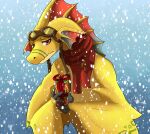 adine_(angels_with_scaly_wings) angels_with_scaly_wings clothed clothed_feral clothing dragon european_mythology female feral frill_(anatomy) holding_present looking_at_viewer mell0rd mythological_creature mythological_scalie mythology red_eyes scalie scarf snowfall solo western_dragon wyvern