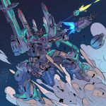  beam_rifle commentary doven_wolf energy_gun gun gundam gundam_zz holding holding_gun holding_weapon incom_(gundam) mecha mecha_focus mk-5 mobile_suit neo_zeon no_humans one-eyed pink_eyes robot science_fiction smoke solo weapon 