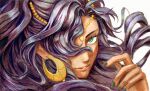  1girl blue_hair circlet commentary crescent crescent_earrings dancer dark-skinned_female dark_skin earrings english_commentary fire_emblem fire_emblem:_fortune's_weave gold_choker gold_earrings green_eyes green_nails high_ponytail highres jewelry leda_(fire_emblem) looking_at_viewer nail_polish ponytail simple_background smile solo tksystemart wavy_hair white_background 
