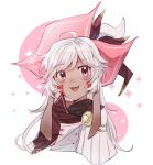  1girl :d ahoge capelet commentary_request corrupted_twitter_file cropped_torso dark-skinned_female dark_skin fang guanchaiban hat highres looking_at_viewer open_mouth pieberry_(witch_springs) pink_hat purple_capelet purple_eyes shirt smile solo white_background white_hair white_shirt witch_hat witch_springs 