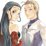  1girl bad_id bad_pixiv_id black_hair blonde_hair detached_sleeves gensou_suikoden gensou_suikoden_ii grey_eyes jillia_blight jowy_atreides-blight kaburaya long_hair lowres ponytail 