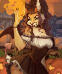 5:6 amusement_park anthro arrow_tail bridge_piercing brown_hair choker claws clothing corset curly_hair demon dress ear_piercing facial_piercing felid feline female fire food fruit fur green_eyes hair halloween hi_res holidays horn industrial_piercing jewelry lingerie magic magic_user mammal minidress necklace night nose_piercing nose_ring open_mouth orange_body orange_fur piercing plant pumpkin ring_piercing septum_piercing septum_ring smile solo spade_tail tail topwear varollis