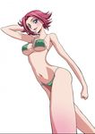  :d alternate_costume arm_up armpits bikini blue_eyes blush body_blush breasts cleavage clenched_hand code_geass covered_nipples cowboy_shot flipped_hair foreshortening from_side green_bikini groin hand_behind_head kallen_stadtfeld kimura_takahiro large_breasts long_legs looking_at_viewer navel official_art open_mouth red_hair short_hair sideboob simple_background slender_waist smile solo standing string_bikini swimsuit third-party_edit underboob white_background 