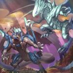  armor blue-eyes_white_dragon blue_armor bolmeteus_steel_dragon claws commentary_request crossover dragon dragon_claw dragon_horns dragon_tail dragon_wings duel_masters formulabrain9 highres horns no_humans open_mouth purple_eyes sharp_teeth shoulder_cannon signature tail teeth wings yellow_eyes yu-gi-oh! 