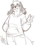 2026 anthro bird_dog bottomwear canid canine canis cathodegaytube cavalier_king_charles_spaniel claws clothed clothing cloud_(cloudspaniel) digital_drawing_(artwork) digital_media_(artwork) domestic_dog eyebrows eyelashes eyewear female finger_claws floppy_ears fully_clothed gesture glasses greyscale half-length_portrait hand_gesture hand_in_pocket head_tuft hi_res hoodie hunting_dog lop_ears mammal monochrome one_eye_closed open_mouth open_smile pants pawpads pockets portrait sketch smile solo spaniel tail topwear toy_dog tuft v_sign wearing_glasses wink