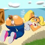 1:1 absurd_res activision anal anal_penetration anthro bandicoot beach bottomwear bottomwear_down clothed clothing coco_bandicoot crash_bandicoot_(series) eyewear eyewear_on_head female food food_fetish food_insertion food_play fruit genitals goggles goggles_on_head hi_res improvised_sex_toy innie_vulva lawtheboss mammal marsupial object_in_ass object_insertion pants pants_down partially_clothed penetration plant plump_labia sand shirt solo topwear vulva water wumpa_fruit