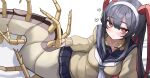  1girl antennae arthropod_girl arthropod_limbs black_hair black_skirt centipede_girl commentary_request emukae_kaede_(plan) headband highres kumano_plan monster_girl multicolored_hair necktie original red_eyes school_uniform skirt sweater white_headband yellow_sweater 