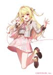  1girl :d blazer blonde_hair brown_choker brown_hair brown_ribbon choker collared_shirt commentary company_name copyright_notice full_body gradient_hair grey_jacket grey_sweater hair_ornament hair_ribbon heterochromia hoshikawa_sara jacket loafers long_hair long_sleeves looking_at_viewer multicolored_hair neck_ribbon nijisanji official_alternate_costume official_art open_clothes open_jacket open_mouth pink_hair pink_ribbon pink_shirt pleated_skirt red_eyes ribbon shirt shoes simple_background skirt smile socks solo standing standing_on_one_leg string string_around_finger string_of_fate sweater teneko02 two_side_up virtual_youtuber white_background white_shirt x_hair_ornament yellow_eyes yellow_socks 