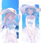  2girls ^_^ alternate_costume bare_shoulders blonde_hair blue_hair closed_eyes dress flower frilled_dress frills hand_on_headwear hat hat_flower highres holding_hands long_hair mahou_shoujo_no_majo_saiban multiple_girls nekobanana_(m23453456) ocean open_mouth shore short_hair sky sleeveless sleeveless_dress smile sun_hat sunflower tachibana_sherry tono_hanna twintails white_dress yuri 