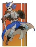 2024 action_pose aleanora anthro armor armorbun black_ear_tips boots brown_hair clothed clothing digital_media_(artwork) dipstick_ears ear_markings female footwear fur furgonomic_headwear furgonomics gloves hair handwear headgear helmet hi_res holding_melee_weapon holding_object holding_sword holding_weapon jumping lagomorph leporid long_hair mammal markings melee_weapon multicolored_ears otakuap plate_armor pose rabbit scabbard shield shoes simple_background solo sword tail weapon white_body white_fur