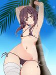  1girl absurdres armpits arms_behind_head arms_up ass_visible_through_thighs asymmetrical_legwear bandaged_leg bandages bikini black_bikini blue_sky blush_stickers breasts brown_hair commission covered_nipples cowboy_shot day dot_nose from_below highres kono_subarashii_sekai_ni_shukufuku_wo! looking_at_viewer megumin micro_bikini navel noyama_takenoko outdoors outline palm_tree pixiv_commission red_eyes short_hair_with_long_locks side-tie_bikini_bottom sky small_breasts smile solo split_mouth standing stomach swimsuit thighs tree white_outline 