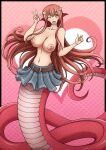 2022 accessory apode areola belt big_breasts black_border border bottomwear breasts clothed clothing digital_media_(artwork) draconcopode female gesture hair hair_accessory hand_gesture heart_symbol hi_res humanoid lamia legless light_body light_skin long_hair long_tail loodanonmus looking_at_viewer miia_(monster_musume) monster_girl_(genre) monster_musume navel nipples one_eye_closed pattern_background pink_areola pink_background pink_nipples pleated_skirt pointy_ears portrait pupils red_body red_hair red_scales reptile scales scalie serpentine signature simple_background skirt slit_pupils smile smiling_at_viewer snake solo split_form tail topless topless_female v_sign ventral_scales wink winking_at_viewer yellow_eyes