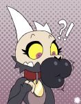 aliasing anthro artist_logo artist_name belly bone broken_horn cheek_tuft claws collar countershade_belly countershading digital_media_(artwork) disney emanata expansion eyelashes facial_tuft femboy flash_emanata fur glistening glistening_lips grey_body grey_fur halftone halftone_background hi_res horn hyper hyper_lips interrobang king_clawthorne lip_expansion lips logo male pattern_background pupils purple_pupils signature simple_background skull solo text thatdawgmurray the_owl_house thick_lips titan_(the_owl_house) tuft yellow_sclera