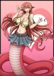 2022 accessory apode belt big_breasts black_border border bottomwear breasts clothed clothing digital_media_(artwork) draconcopode female gesture hair hair_accessory hand_gesture heart_symbol hi_res humanoid lamia legless light_body light_skin long_hair long_tail loodanonmus looking_at_viewer miia_(monster_musume) monster_girl_(genre) monster_musume navel one_eye_closed pattern_background pink_background pleated_skirt pointy_ears portrait pupils red_body red_hair red_scales reptile scales scalie serpentine shirt signature simple_background skirt slit_pupils smile smiling_at_viewer snake solo split_form tail tied_shirt topwear v_sign ventral_scales wink winking_at_viewer yellow_eyes