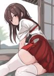  1girl akagi_(kancolle) brown_eyes brown_hair commentary_request feet_out_of_frame from_behind hakama hakama_skirt highres japanese_clothes kantai_collection kimono long_hair looking_at_viewer miron_(mirona33) muneate red_hakama red_skirt sitting skirt sliding_doors solo tasuki thighhighs veranda white_kimono white_thighhighs yokozuwari 