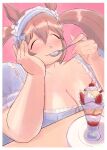  1girl alt_text animal_ears bare_arms blue_bow blue_hairband blue_shirt blush border bow breasts brown_hair cherry cleavage closed_mouth collarbone commentary eating elbows_on_table english_commentary fat food frilled_hairband frilled_shirt frills fruit hair_between_eyes hair_bobbles hair_bow hair_ornament hairband hand_on_own_cheek hand_on_own_face happy highres hishi_akebono_(umamusume) holding holding_spoon horse_ears horse_girl huge_breasts ice_cream long_hair parfait pink_background plate puffy_short_sleeves puffy_sleeves serena_(saintlyrena) shirt short_sleeves simple_background sitting smile solo spoon square_neckline strawberry table twintails umamusume upper_body utensil_in_mouth whipped_cream white_border 