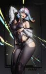  1girl arm_up artist_name aylisnyan bare_shoulders black_leggings black_leotard blue_eyes breasts closed_mouth clothing_cutout commentary covered_navel cyberpunk:_edgerunners cyberpunk:_edgerunners_1 cyberpunk_(series) feet_out_of_frame highleg highleg_leotard highres hip_vent jacket leggings leotard lips lucy_(cyberpunk) medium_breasts multicolored_hair off-shoulder_jacket off_shoulder patreon_username shorts sideboob simple_background solo twitter_username white_jacket white_shorts wide_hips 