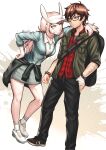 1boy 1girl absurdres arm_over_shoulder blonde_hair blue_eyes blue_jacket breasts brown_hair cleavage glasses grace_madison green_jacket highres jacket komatsuzaki_rui_(style) leaning_on_person long_hair looking_at_viewer low_ponytail nifast_(greentail) original parted_bangs ponytail project:_eden's_garden rabbit_ear_hat red_eyes shirt shoes sidelocks skirt smug sneakers socks sportswear standing teeth tennis_uniform tied_jacket visor_cap white_shirt white_socks 