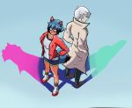 2026 arms_bent athletic athletic_female biped blue_background blue_bottomwear blue_clothing blue_eyes blue_hair blue_shirt blue_shorts blue_topwear bottomwear brand_new_animal breasts brown_body canid canine cel_shading clothed clothing coat collarbone colored digital_drawing_(artwork) digital_media_(artwork) duo female fluffy fluffy_tail footwear green_eyes grey_body grey_bottomwear grey_clothing grey_coat grey_hair grey_pants grey_topwear hair hand_in_pocket high-angle_view human humanoid line_art looking_aside looking_at_viewer looking_up male mammal michiru_kagemori open_clothing open_coat open_topwear pants plantigrade pockets pointy_ears pose prick_ears raccoon_dog red_clothing red_coat red_topwear rioruk_arts shaded shadow shirou_ogami shirt shoes short_hair shorts simple_background standing studio_trigger tail topwear