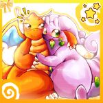1:1 2026 :3 antennae_(anatomy) anthro bar_emanata big_tail blush blush_lines border claws colored colored_line_art digital_drawing_(artwork) digital_media_(artwork) dragon dragonite duo emanata felipotyphlosion female female_anthro generation_1_pokemon generation_6_pokemon glistening glistening_body goodra green_markings hi_res hug hugging_another male male/female male_anthro markings membrane_(anatomy) membranous_wings multicolored_body mythological_creature mythological_scalie mythology nintendo open_mouth open_smile orange_body outline pokemon pokemon_(species) purple_body romantic romantic_couple scalie simple_background slime smile sticker tail thick_tail thick_thighs white_background wings yellow_border yellow_outline