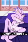 absurd_res anthro barefoot bed blaze_the_cat blush bodily_fluids breasts domestic_cat feet felid feline felis female furniture genitals hair hand_behind_head hi_res inviting_to_sex lewdraver looking_at_viewer mammal nipples nude pillow ponytail princess royalty sega simple_background small_breasts solo sonic_the_hedgehog_(series) spread_legs spreading sweat text vulva yellow_eyes