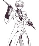  code_geass formal gloves greyscale kurimomo kururugi_suzaku lineart male_focus monochrome solo sword weapon 