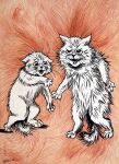 20th_century abstract_background ambiguous_gender ancient_art anthro biped claws digitigrade domestic_cat duo ears_down felid feline felis front_view fur hi_res license_info louis_wain mammal nude open_mouth pivoted_ears public_domain restricted_palette semi-anthro signature simple_background standing tail tail_between_legs teeth traditional_media_(artwork) whiskers white_body white_fur