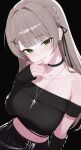  1girl absurdres arm_warmers armpit_crease bare_shoulders black_background black_choker black_shirt black_skirt blunt_bangs braid breasts brown_hair choker collarbone cowboy_shot crop_top green_eyes grin hair_ribbon highres isegye_idol jewelry large_breasts long_hair looking_at_viewer midriff navel necklace off-shoulder_shirt off_shoulder pleated_skirt ribbed_shirt ribbon sei_(0724sei6) shirt simple_background skirt smile solo viichan viichan_(newnewviichan) virtual_youtuber waktaverse 