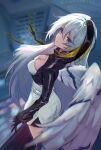  1girl angel_wings black_gloves black_shrug black_thighhighs breasts cleavage commentary_request gloves grey_eyes hathor_(nte) highres long_hair looking_at_viewer medium_breasts neverness_to_everness shirt shrug_(clothing) single_wing solo thighhighs very_long_hair white_hair white_shirt white_wing wings yame_pi 