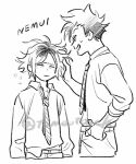  2boys closed_eyes closed_mouth cropped_legs diagonal-striped_clothes diagonal-striped_necktie greyscale haikyuu!! hand_in_another's_hair hand_on_another's_hip highres kozume_kenma kuroo_tetsurou looking_at_another male_focus messy_hair monochrome multiple_boys necktie open_mouth pants parted_bangs plant_roots short_hair simple_background spiked_hair squeans striped_clothes striped_necktie tamoto_(loretta) twitter_username very_short_hair white_background 