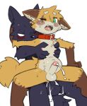 anal anal_penetration anthro anthro_on_anthro anthro_penetrated anthro_penetrating anthro_penetrating_anthro arm_around_head arm_bite b11 balls blush blush_stickers bodily_fluids breast_grab breasts brown_body brown_fur canid canine canis chair_position chest_tuft collar collar_only cum cum_in_ass cum_inflation cum_inside cum_on_balls cum_on_penis cum_while_penetrated cute_fangs duo ejaculation eye_scar facial_scar fangs femboy fox from_behind_position fur genital_fluids genitals gloves_(marking) green_eyes hand_on_breast hands-free hi_res inflation leg_markings looking_at_another looking_at_partner looking_back looking_back_at_another looking_back_at_partner male male/male male_penetrated male_penetrating male_penetrating_male mammal markings nekowuwu_(character) nibbling nifram_logan nude one_eye_closed open_mouth orange_body orange_fur penetration penile penile_penetration penis penis_in_ass pizademokttero scar sex socks_(marking) solo_in_panel tan_body tan_fur tears teeth tuft wolf