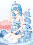  >_< 1girl ahoge arahashi_tabi artist_request babydoll bare_shoulders blue_babydoll blue_eyes blue_hair blue_scrunchie blush braid closed_mouth commentary_request controller creature double-parted_bangs drooling frilled_babydoll frilled_shorts frills full_body hair_intakes hair_over_shoulder hand_up highres holding holding_controller jewelry korean_commentary long_hair mask mask_on_head mouth_drool multicolored_hair necklace nose_blush on_bed one_eye_closed open_mouth parted_lips paw_print polka_dot polka_dot_scrunchie print_thighhighs pungdangi_(arahashi_tabi) rubbing_eyes scrunchie second-party_source see-through_babydoll see-through_clothes short_shorts shorts simple_background sitting sleep_mask smile spaghetti_strap squeans stellive streaked_hair stuffed_toy thighhighs virtual_youtuber waking_up wariza white_background white_mouth white_shorts white_streaks white_thighhighs wrist_scrunchie 