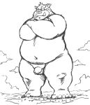 2026 anthro balls belly big_belly cloud crossed_arms dekatanu genitals hi_res kemono macro male mammal monochrome navel outside overweight overweight_male penis small_penis solo standing suid suine sus_(pig) tusks wild_boar